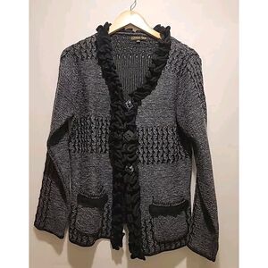 Vintage Gizel Sweater Coat Black Knit Crochet Cardigan Wooden* Buttons‎  L/XL